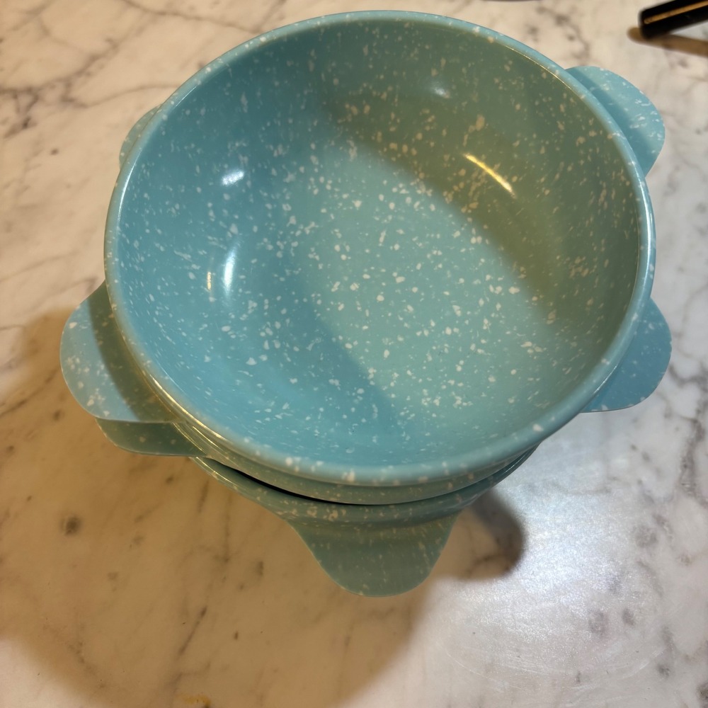 Vintage Style Aqua Blue Speckled Melamine Bowls with Handles Set of 4 Granite